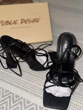 Public Desire Black Wrap-Strap Square Toe Heels